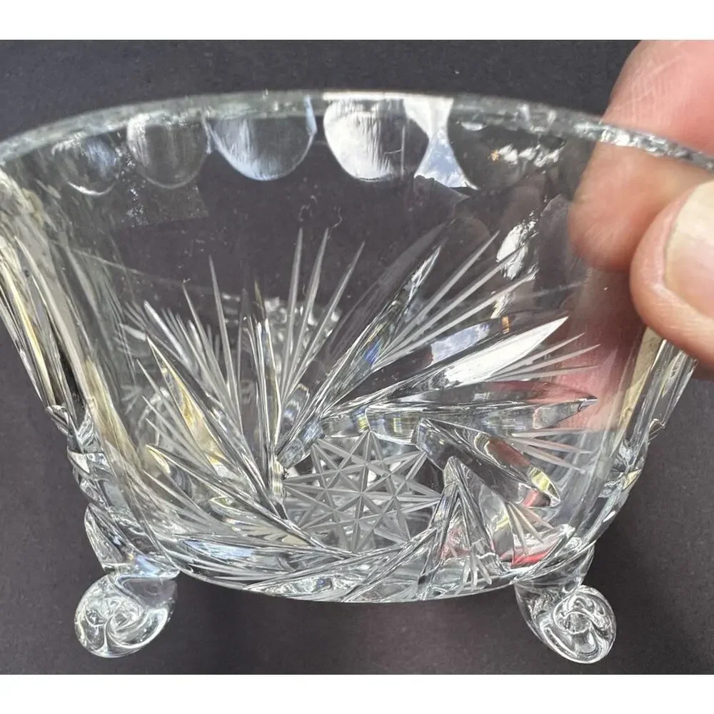 Vtg Crystal Glass Pinwheel Center Star Of David Pattern Footed Serving Bowl -C13